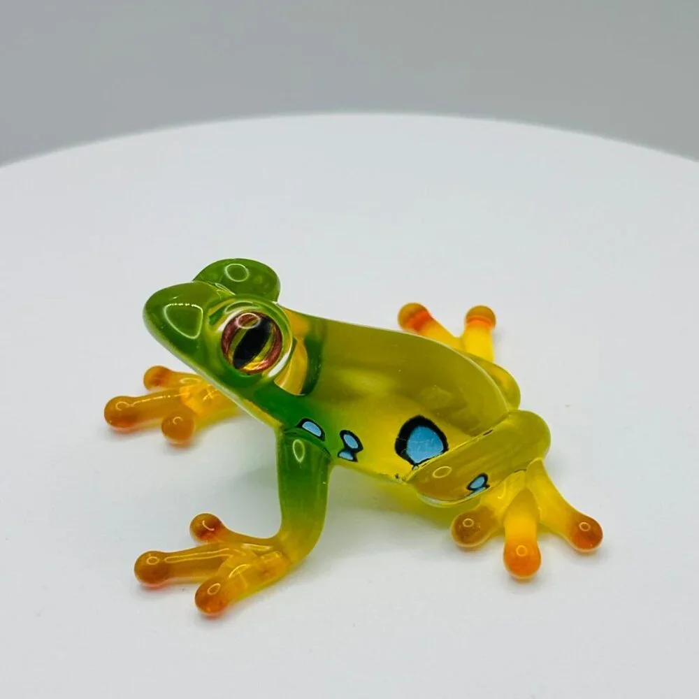 Glass Spotted Frog Figurine Green Yellow Decor